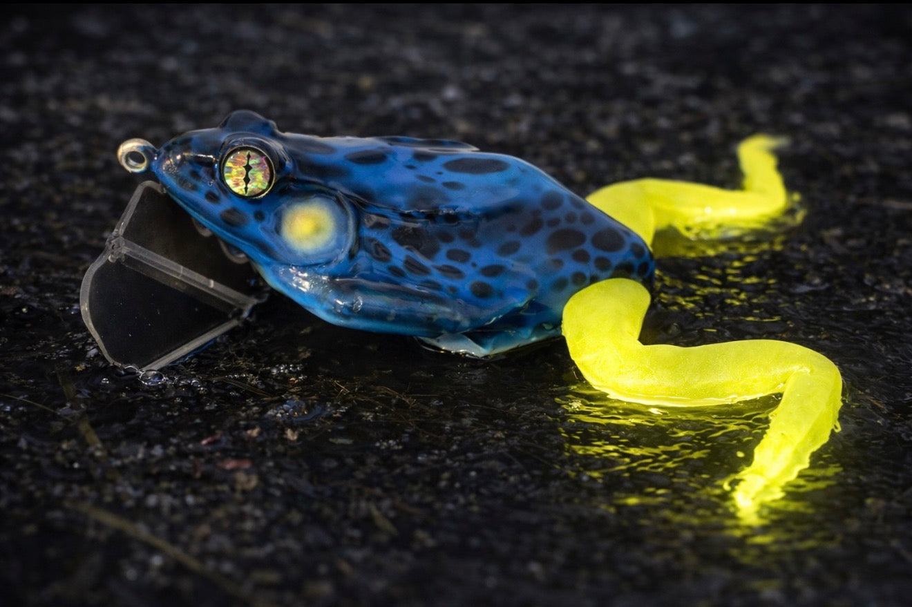 Lure Lady x Lazy Baits Co. Swamp Stalker Frog - Electric Ripple - Resin Jitter Frog with 2 sets of glow in the dark legs - 1.5 oz.