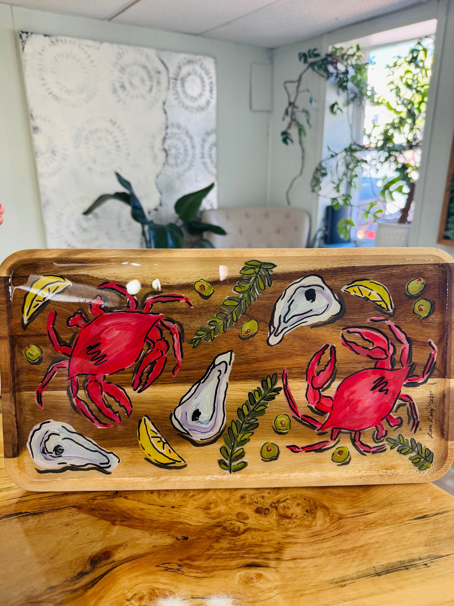 17 x 9 Hand Painted Crab & Oyster Charcuterie Board by Little River Lure Lady