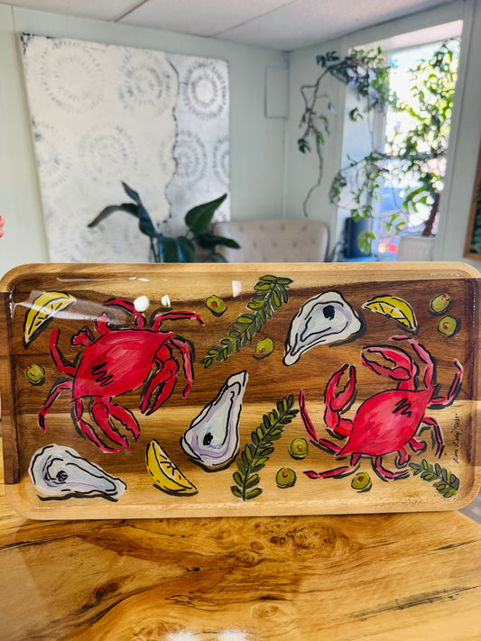 17 x 9 Hand Painted Crab & Oyster Charcuterie Board by Little River Lure Lady