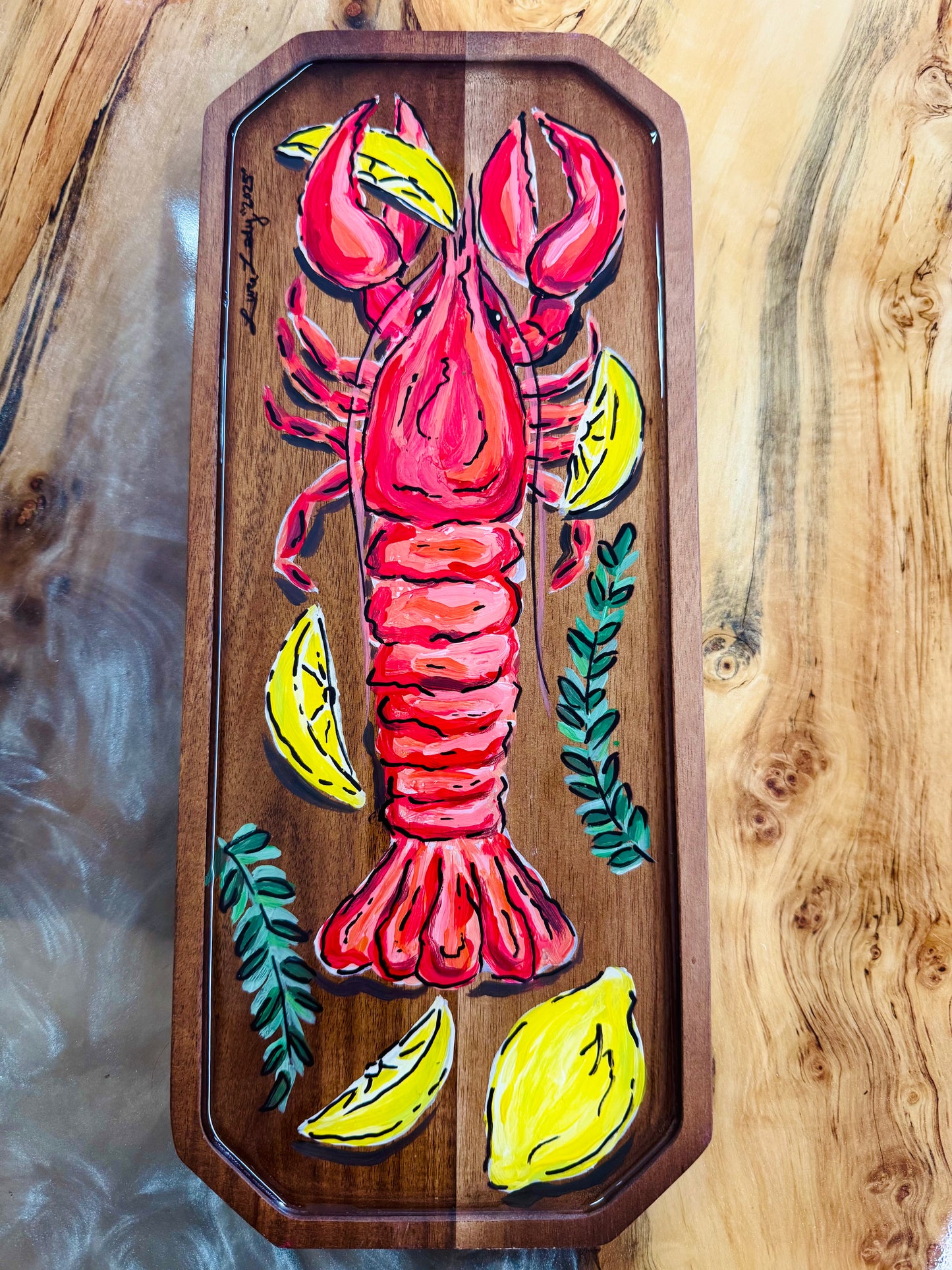 Hand Painted Lobster Charcuterie Board by Lure Lady 14 x 6 Food Safe Epoxy