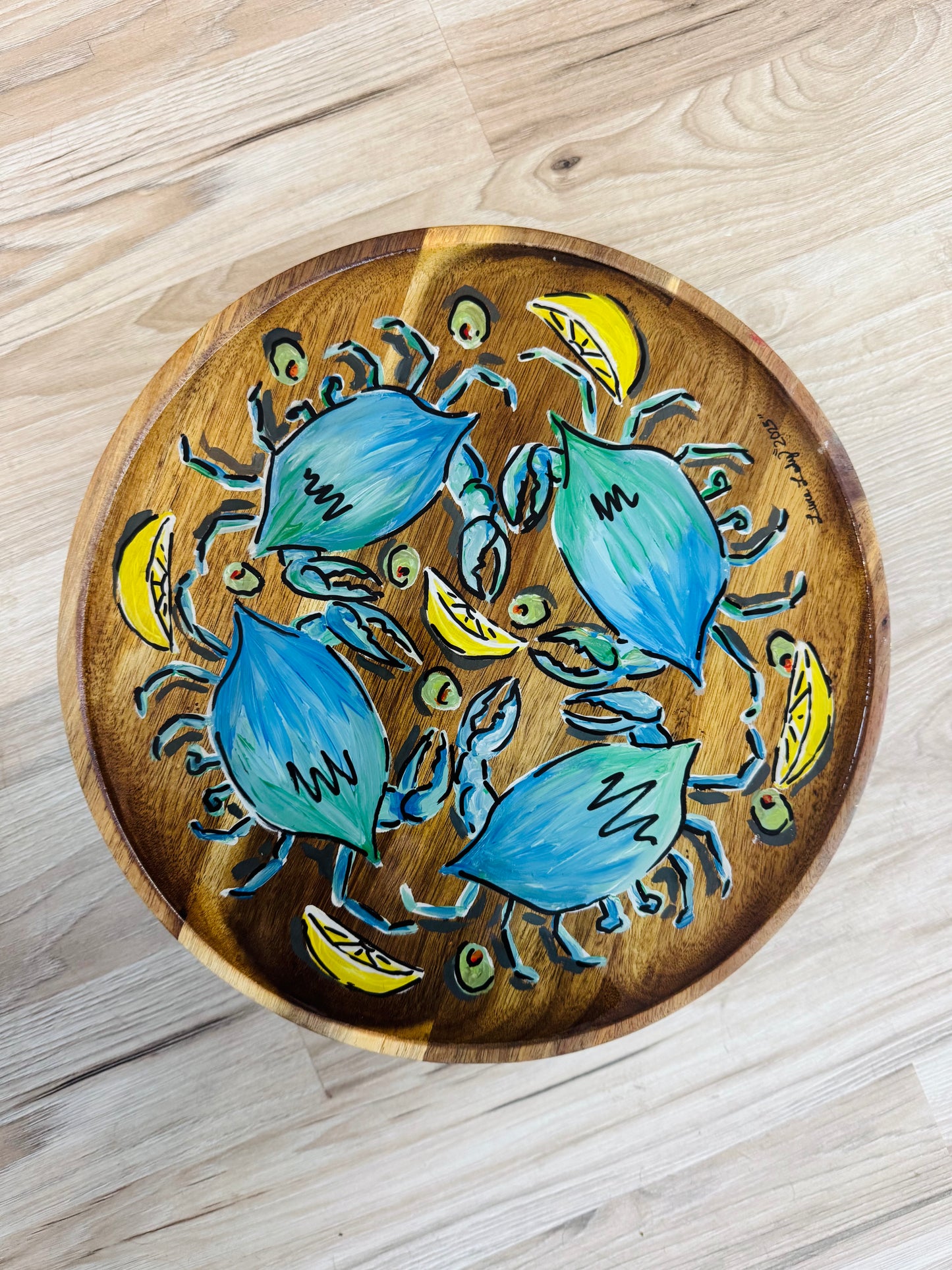 12” Round Blue Crabs Charcuterie Board painted by Little River Lure Lady - Food Safe Epoxy - with legs