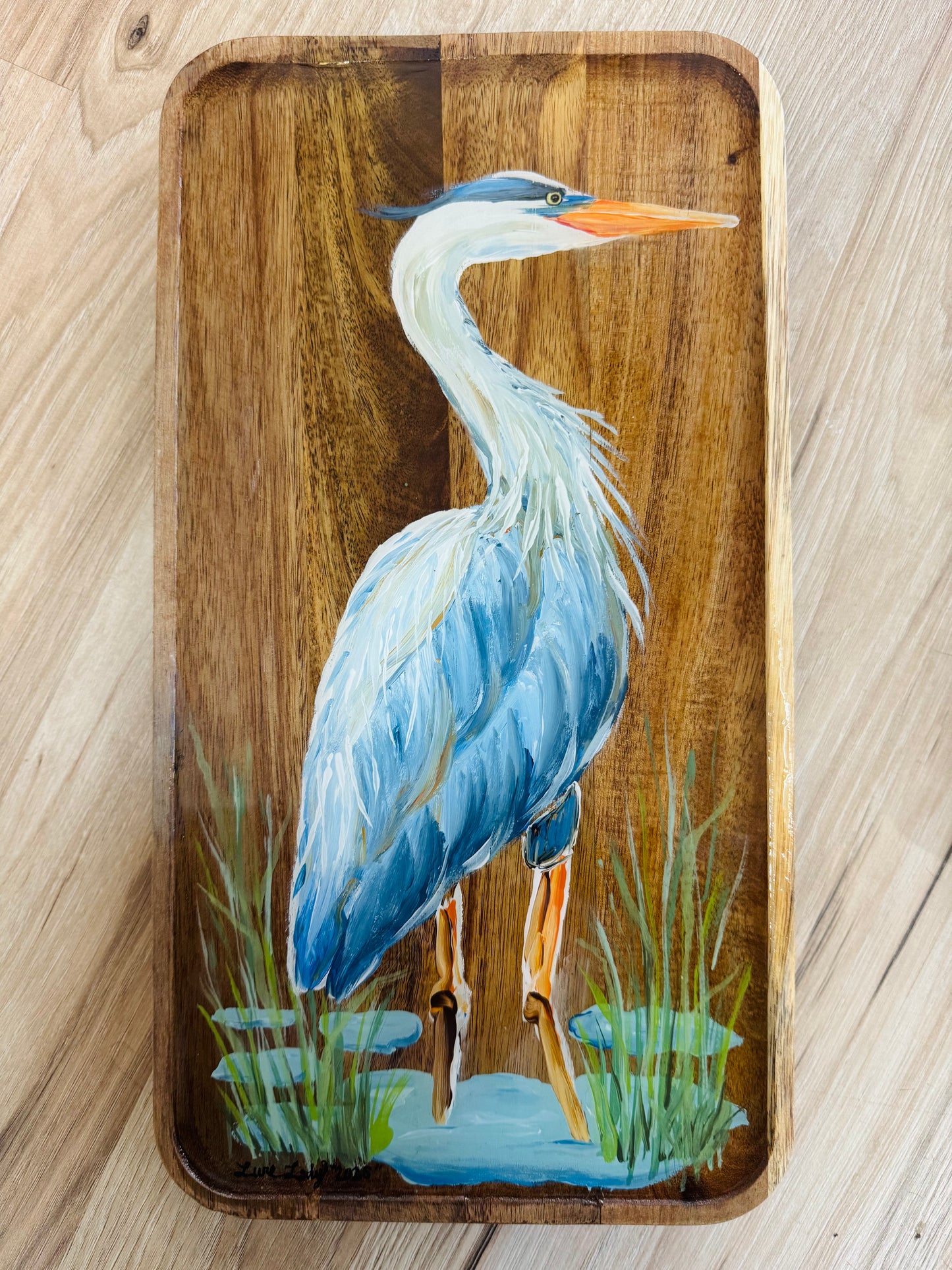 15x8 Hand Painted Herron Charcuterie Board by Little River Lure Lady - Food Safe Epoxy - with legs