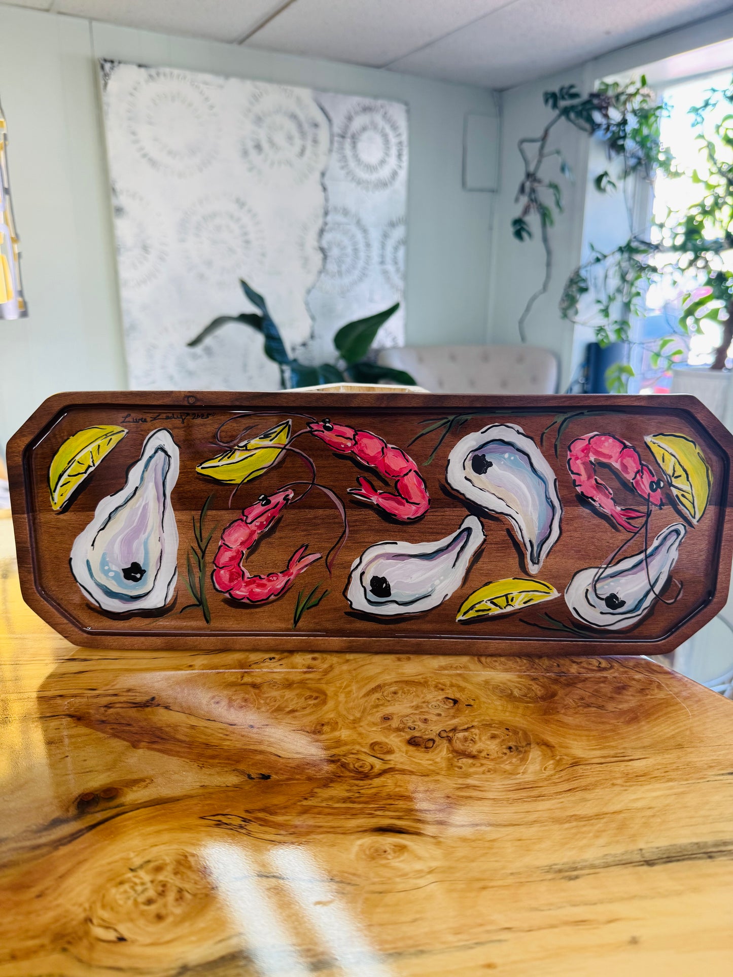 Hand Painted Charcuterie Board Shrimp & Oysters by Little River Lure Lady Food Safe Epoxy 14 x 6