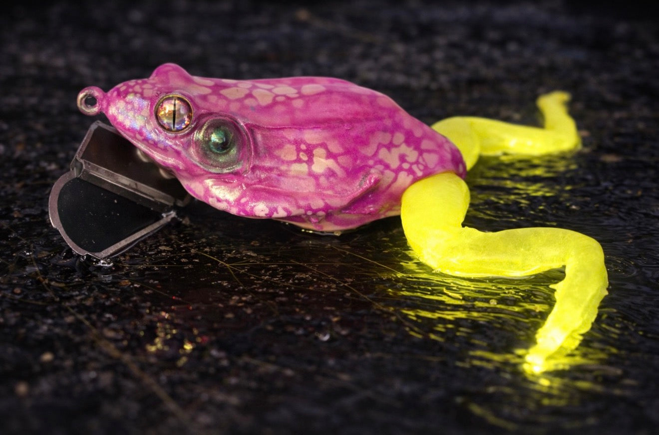 Lure Lady x Lazy Baits Co. Swamp Stalker Frog - Purple Lightning - Resin Jitter Frog comes with 2 sets of glow in the dark legs - 1.5 oz. Swamp Shocker
