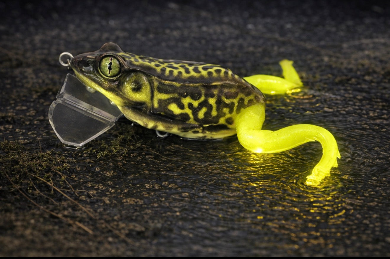 Lure Lady x Lazy Baits Co. Swamp Stalker Frog - Swamp Zapper - Resin Jitter Frog comes with 2 sets of glow in the dark legs - 1.5 oz. Swamp Shocker