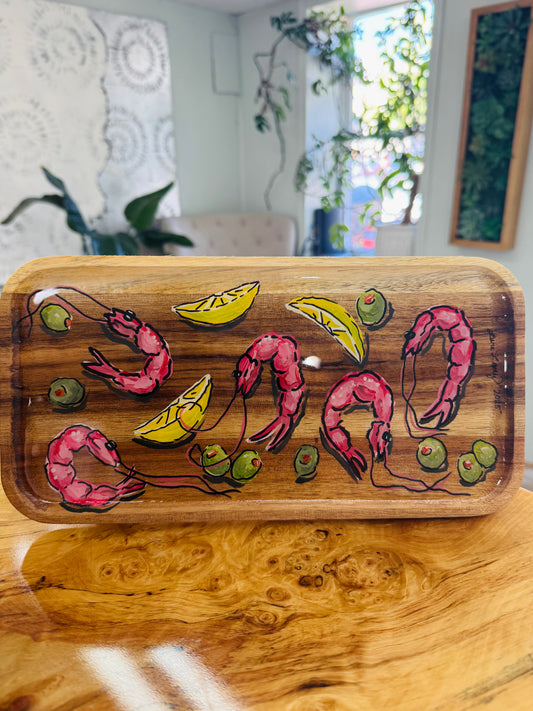 Hand Painted Charcuterie Board Shrimp and Olives by Little River Lure Lady Food Safe Epoxy 12 x 6