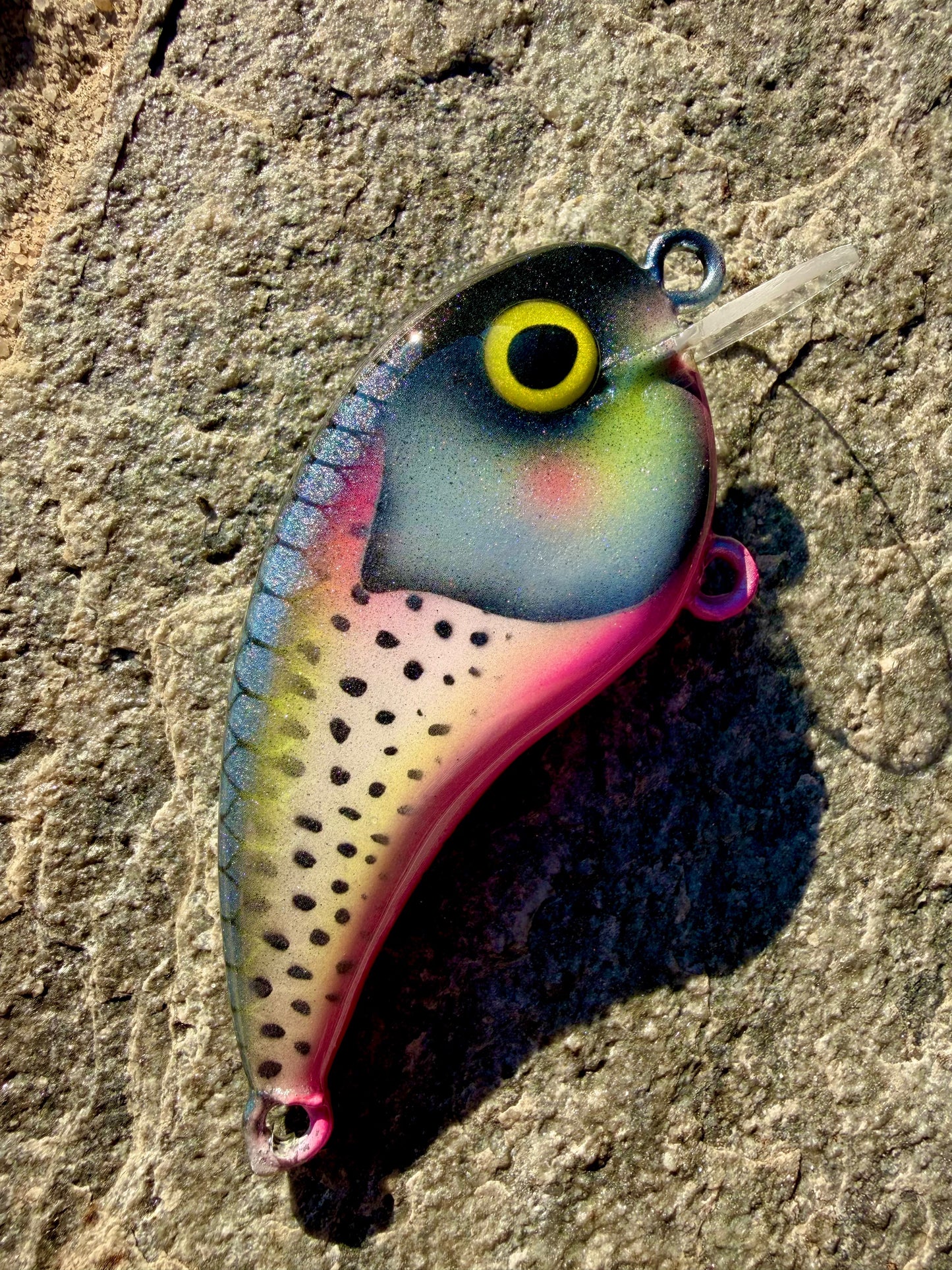 Rose Lure Co. Hand carved poplar, flat sided. 3 inches. Painted by Lure Lady