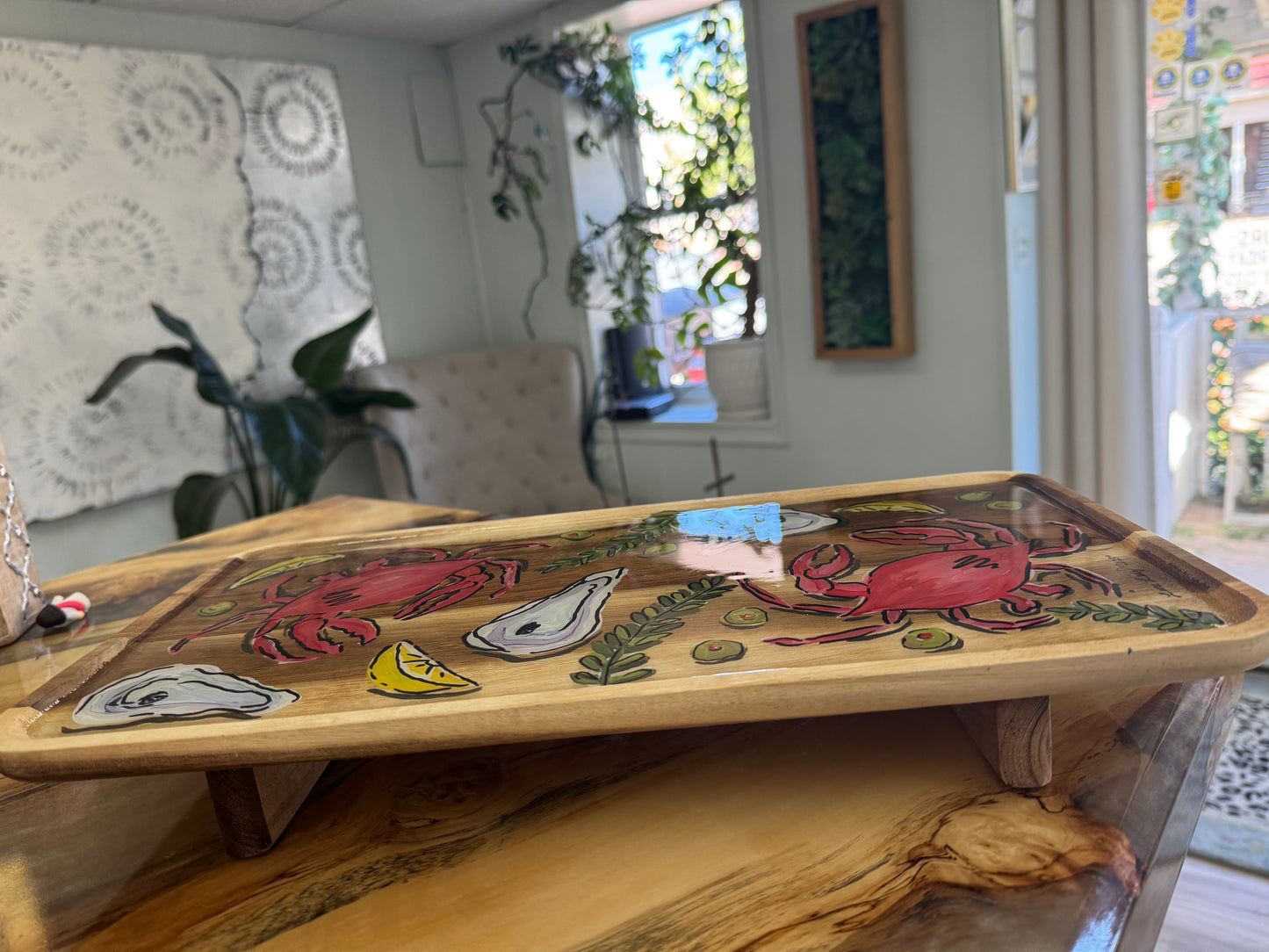 17 x 9 Hand Painted Crab & Oyster Charcuterie Board by Little River Lure Lady