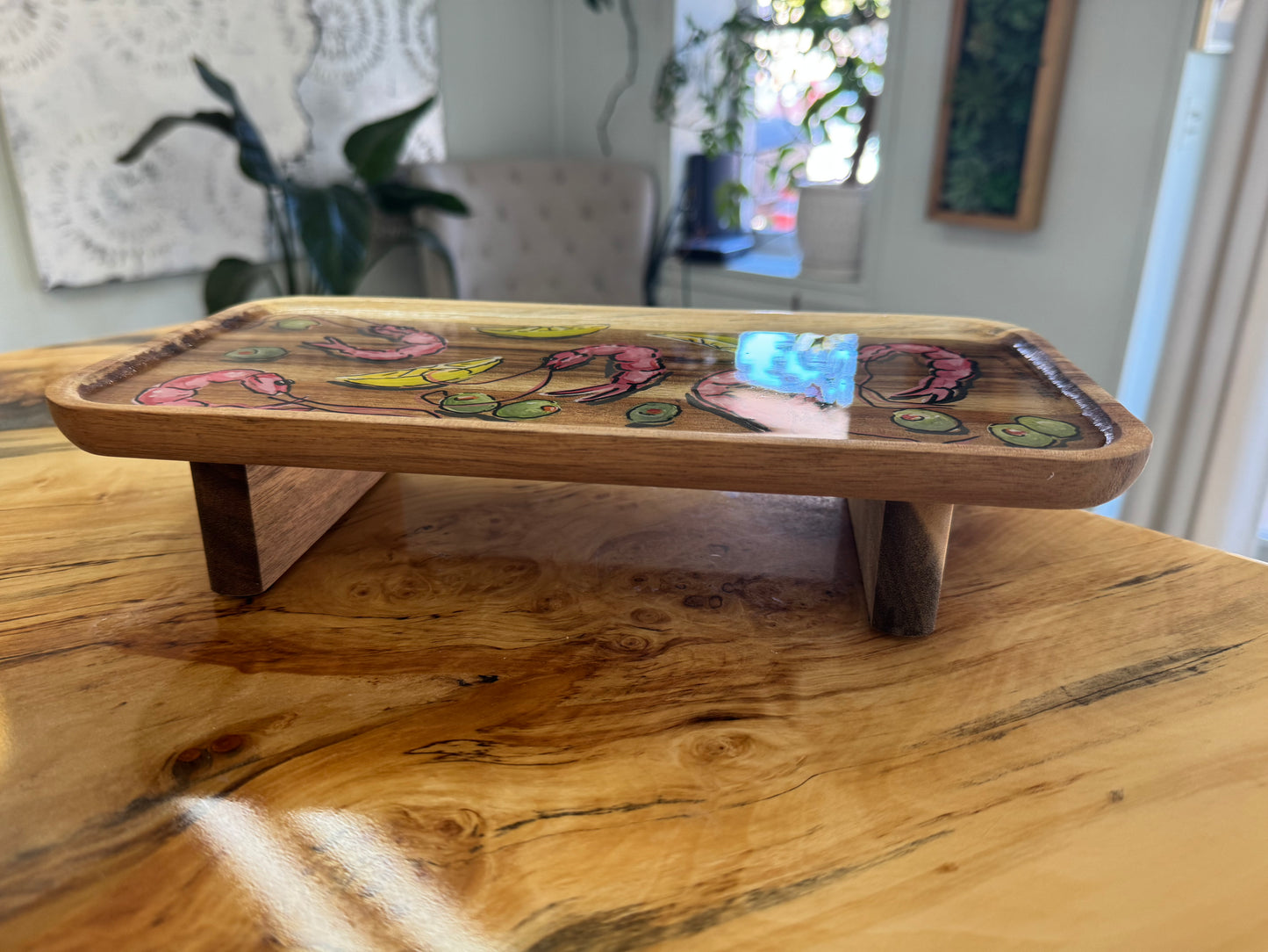 Hand Painted Charcuterie Board Shrimp and Olives by Little River Lure Lady Food Safe Epoxy 12 x 6